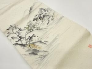 作家物　ひげ紬手描き山並みに草木・民家風景模様名古屋帯